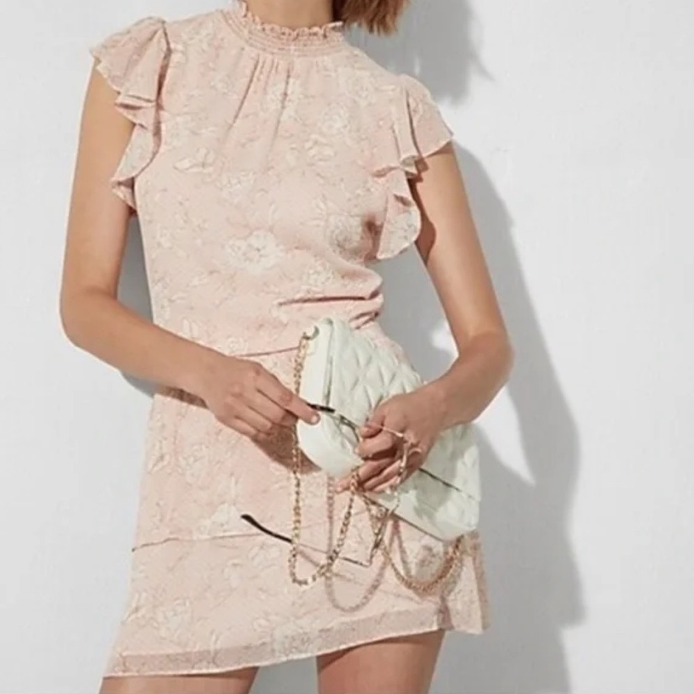 Express Pale Pink Floral Drop Waist Tiered Mini Dress